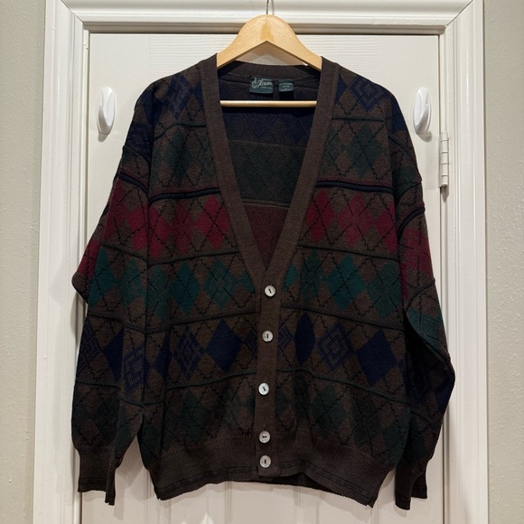 Vtg Italian Brown Argyle Wool Blend V-Neck Cardigan Grandpa Menswear Sweater L - Picture 2 of 8